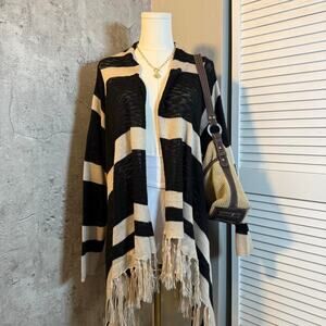Boho Cream & Black Striped Cardigan with fringe detailing